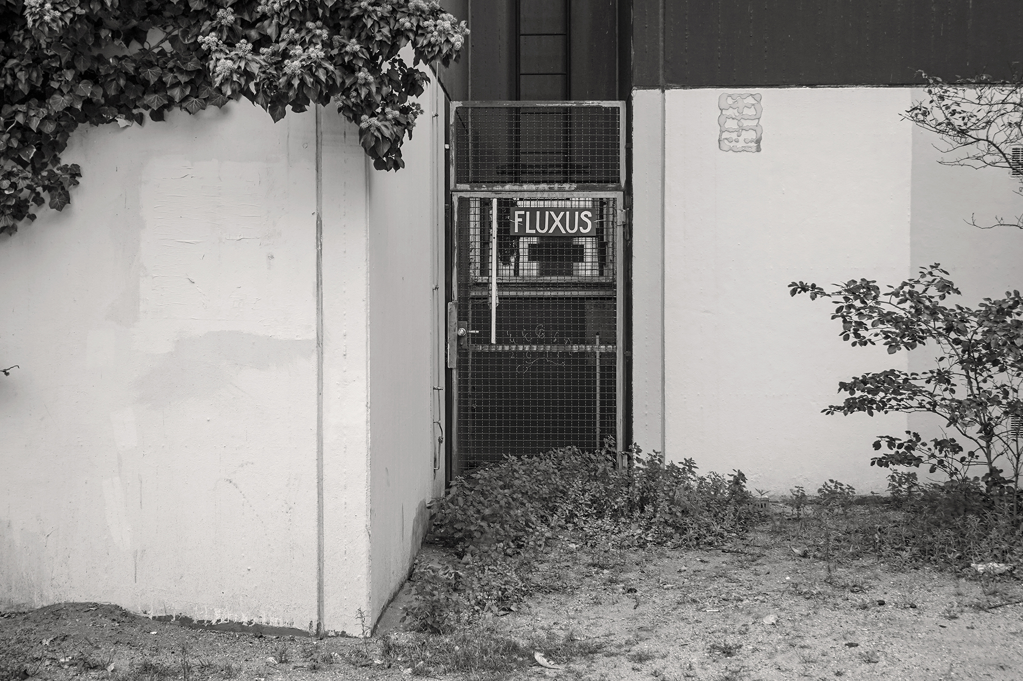 Christoph Radke, Berlin, Gittertür mit einem Schild, auf dem Fluxus steht, Ritterstraße, 2021